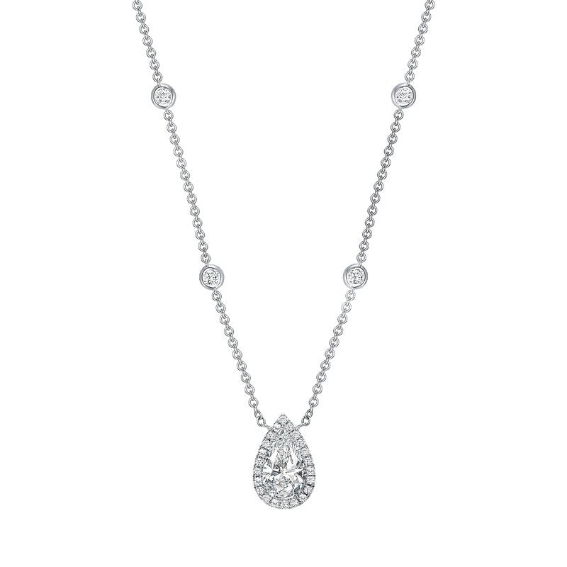 Sweet Pea 0.38ct Round Diamond and 1.01ct Pear Shaped Diamond Halo Necklace in 18K White Gold, 18" chain