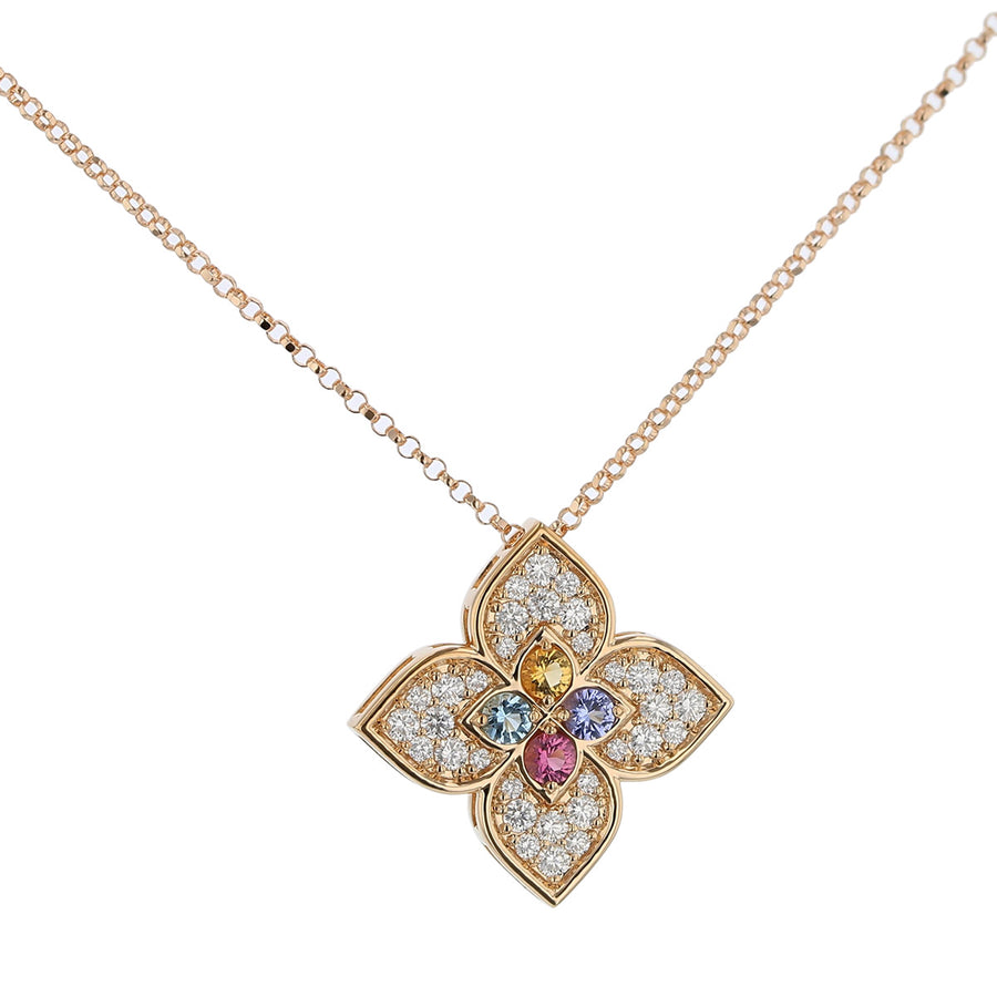 Venetian Princess 0.35Ct Diamond and Multicolor Gemstones Flower Pendant on Chain in 18k Rose Gold, 18inch