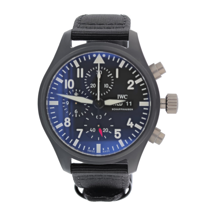 44mm IWC Pilot Chronograph Top Gun Watch with Black Dial in Ceramic, Strap