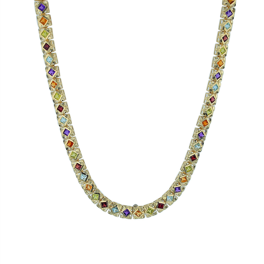 15.60ct Blue Topaz, Amethyst, Citrine, Peridot and Garnet Square Link Necklace in 14K Yellow Gold, 18"