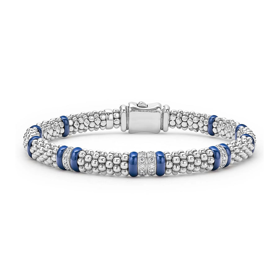 STERLING SILVER MARINE CERAMIC AND 4 DIAMOND STATION LINKS BLUE CAVIAR 6MM ROPE BRACELET SIZE 6.5