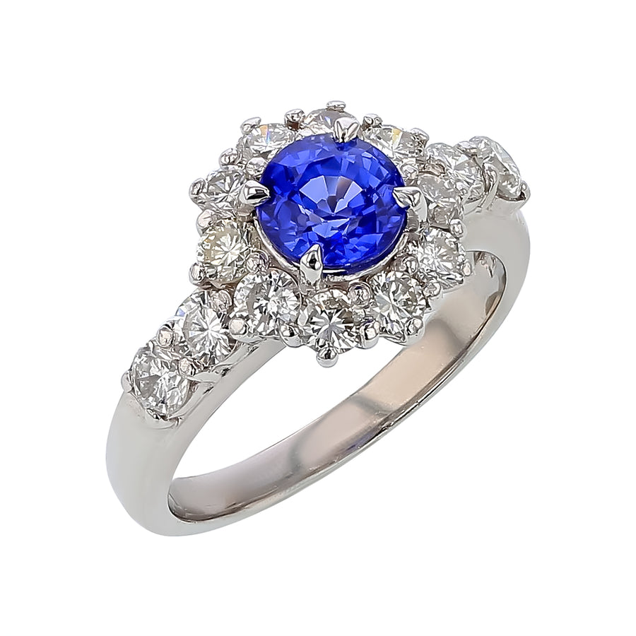 1.38ct Sapphire and 1.25ct Diamond Halo Ring in Platinum, size 6.5