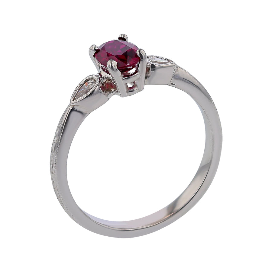 0.55ct Oval Mozambican Ruby 0.20ct Pear Shaped Diamonds 3 Stone Ring in 18k White Gold, Size 6
