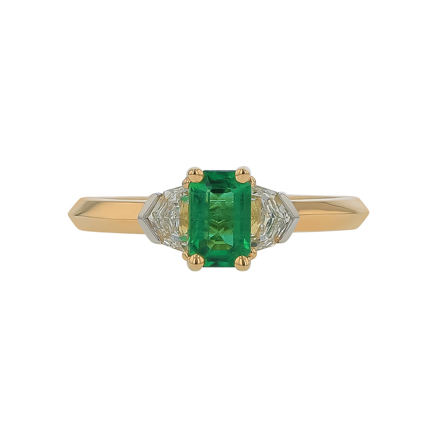 0.55ct Emerald Cut Zambian Emerald and 0.34ct Diamond 3 Stone Ring in 18K Yellow Gold, Size 6
