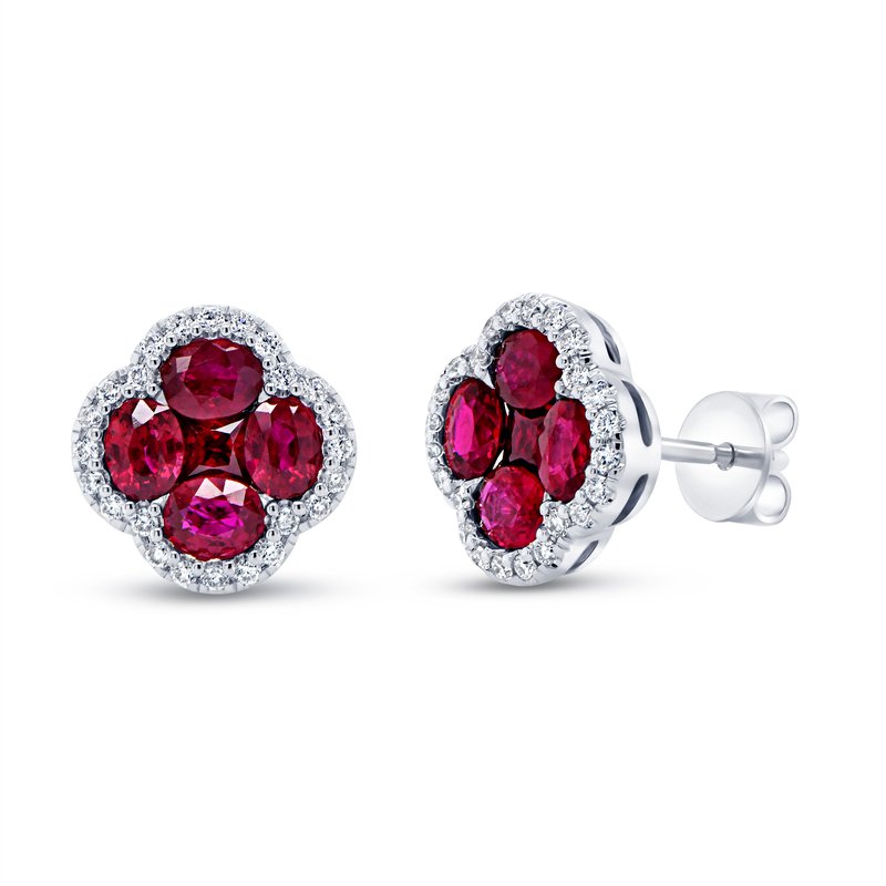 56 0.223ct Round Diamonds and 10 1.93 Oval and Princess Cut Rubies Earrings in 18K White Gold