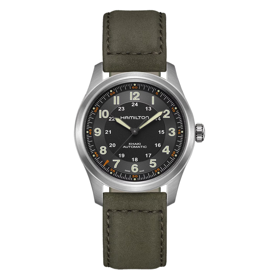 38mm Khaki Field Automatic Black Dial Watch in Titanium with Green Leather Strap