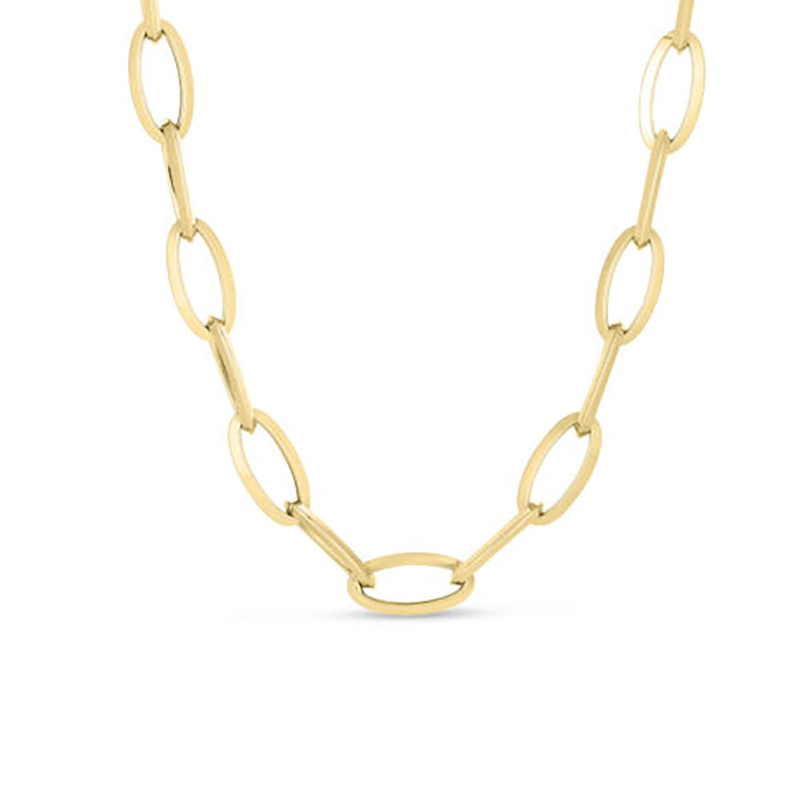 Designer Gold Knife Edge Oval Link Chain Necklace in 18K Yellow Gold, 31"