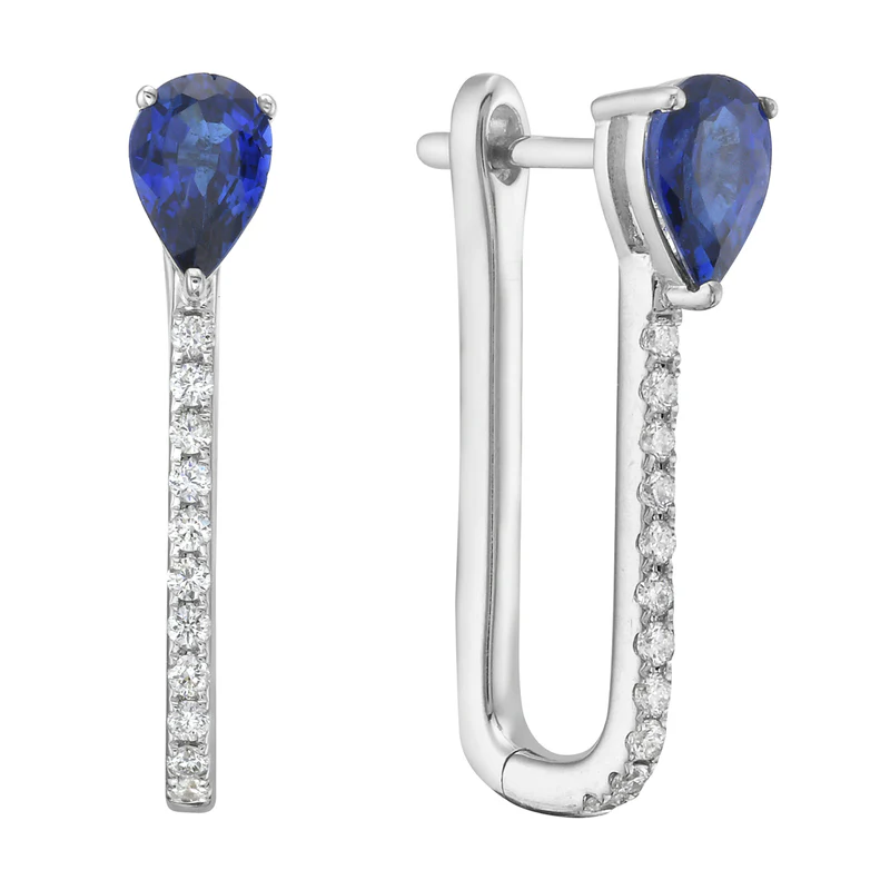 1.04ct Pear Shape Blue Sapphire and 0.16ct Diamond Huggie Earrings in 18K White Gold