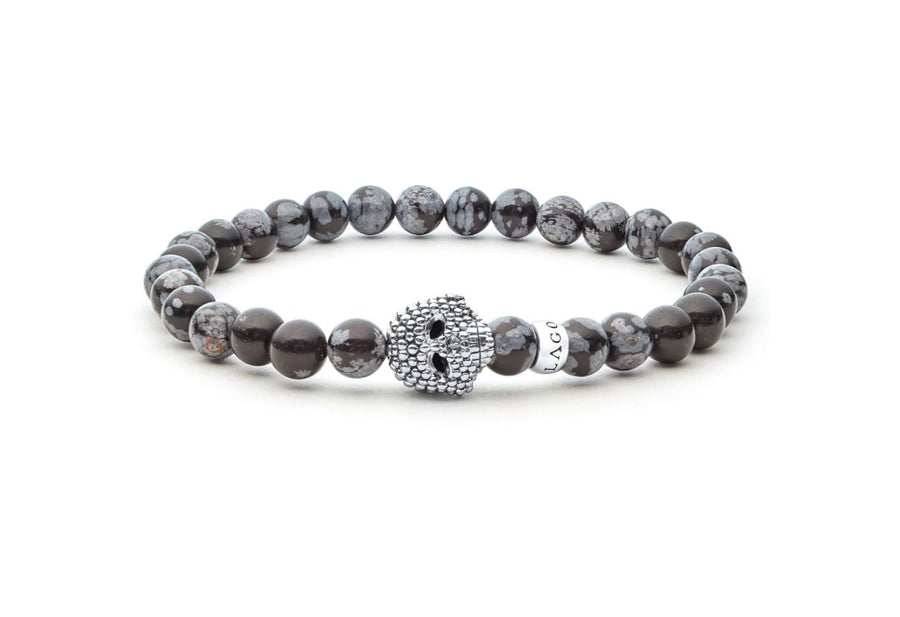 Signature Caviar Anthem Snowflake Obsidian Skull Stretch Bracelet with Sterling Silver, Size 7