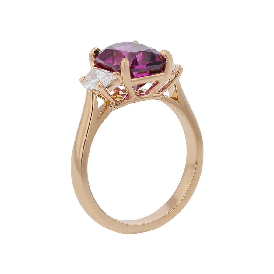 3.80ct Mahenge Cushion Cut Garnet and 0.61ct Half Moon Diamonds 3 Stone Ring in 18k Rose Gold, Size 6