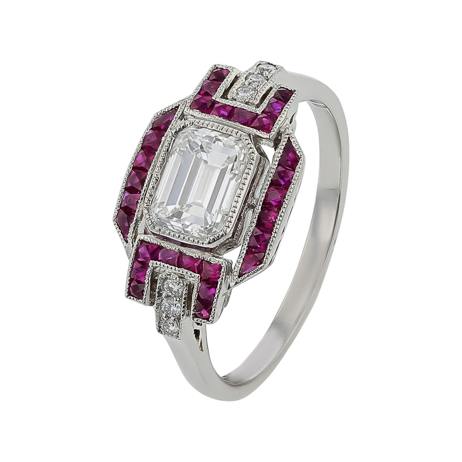0.91ct Emerald Cut Diamond, 1.06ct Ruby and 0.05ct Round Diamond Ring in Platinum, size 6.75