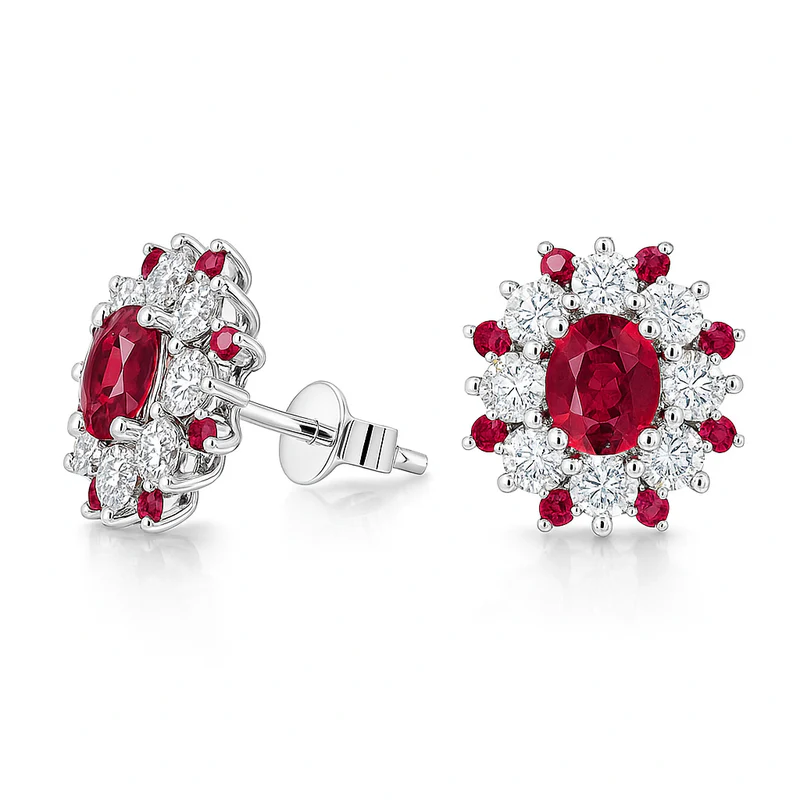 0.81ct Ruby and 1.00ct Diamond Halo Stud Earrings in 14K White Gold