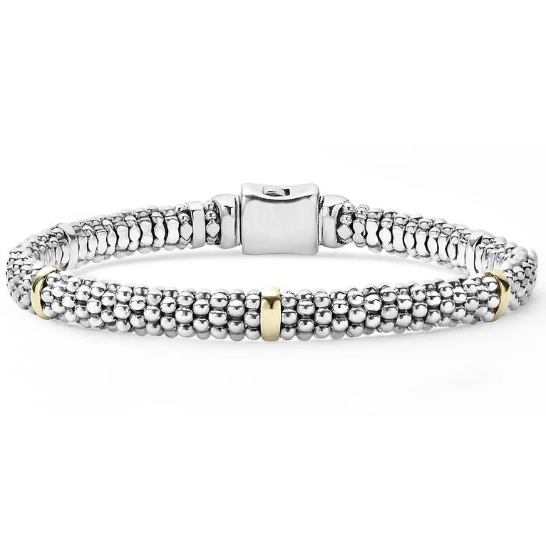 Signature Caviar 6mm 5 Gold Station Rope Bracelet in 18K Yellow Gold and Sterling Silver, size 6.5