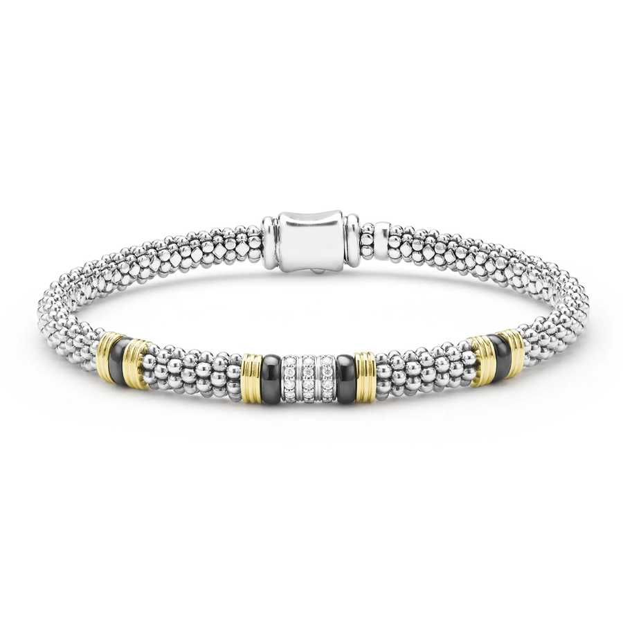 Black Caviar 0.15ct Diamond Stationed Rope Bracelet in Sterling Silver, 18K Yellow Gold and Ceramic, size 6.5