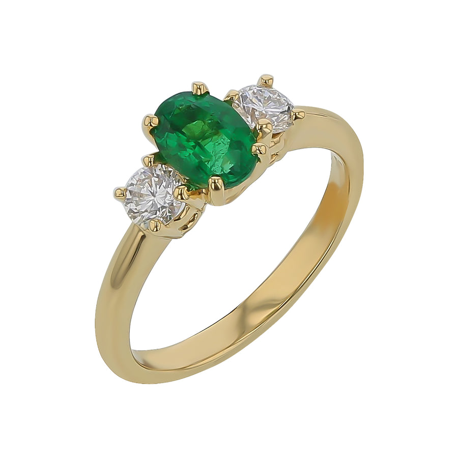0.84ct Emerald and 0.40ct Diamond 3-Stone Ring in 18K Yellow Gold, Size 6