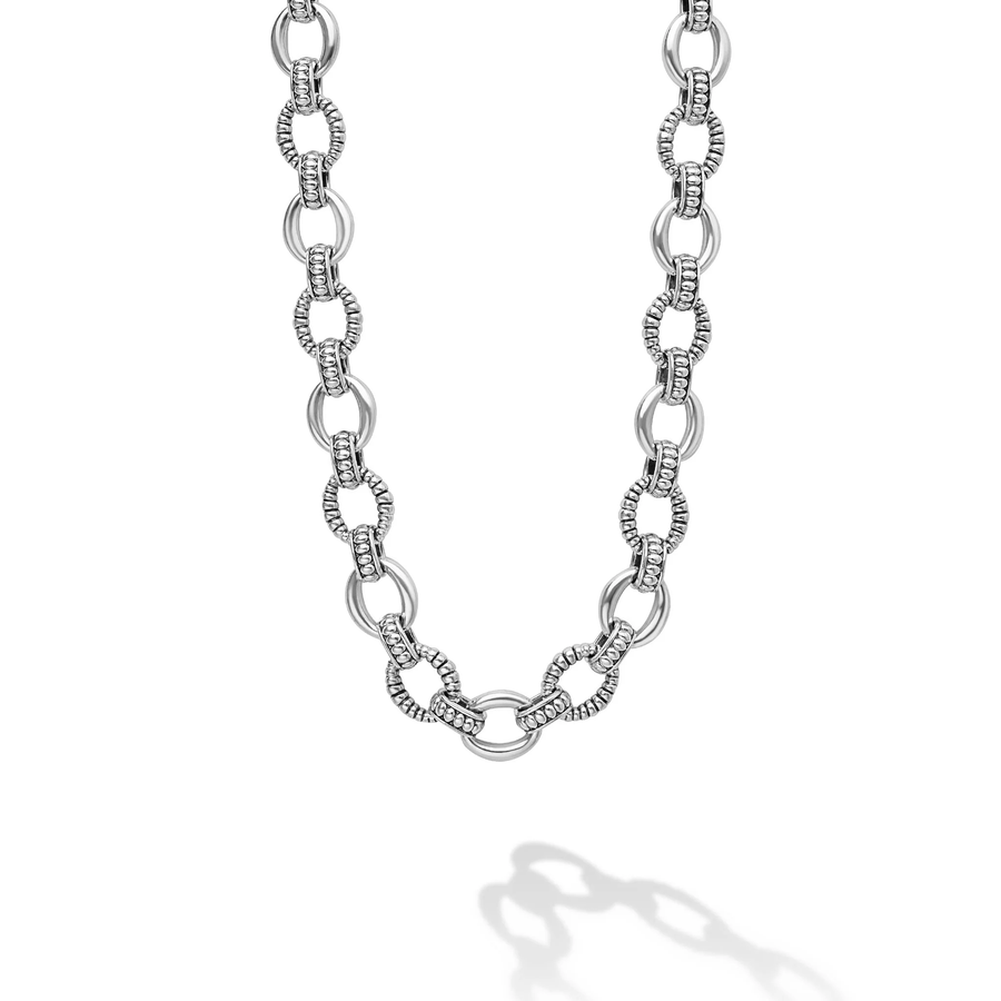 Signature Caviar 10mm Fluted Oval Link Necklace in Sterling Silver, 18"