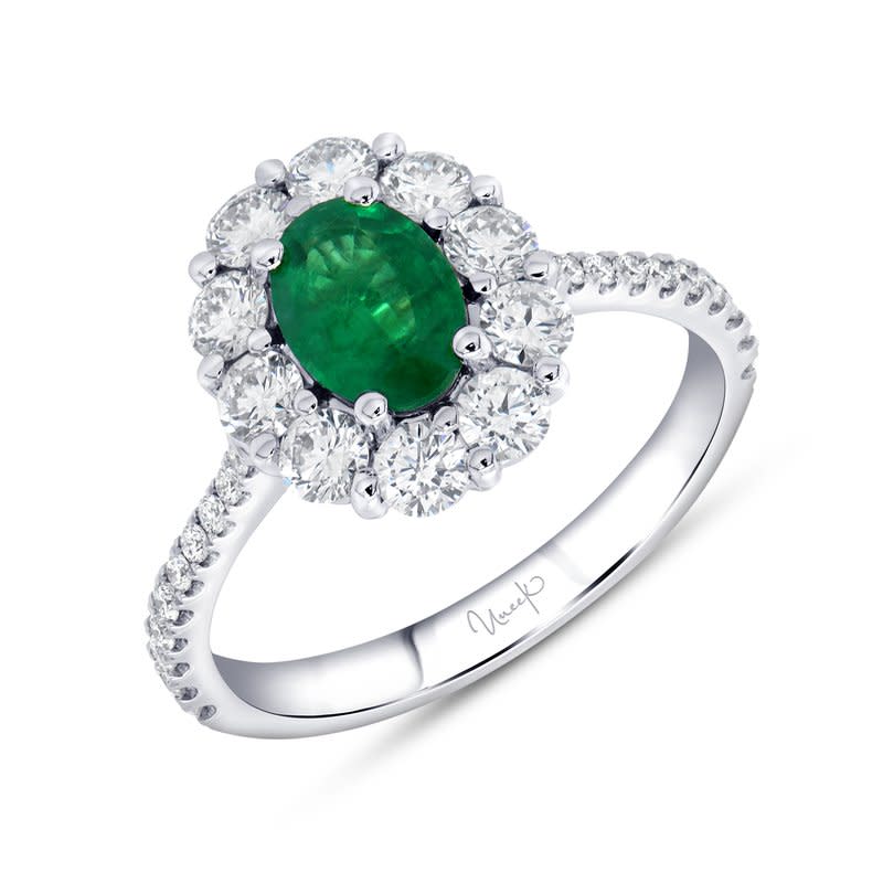 Axis 0.92ct Diamond and 0.80ct Oval Emerald Halo Ring in 18K White Gold, size 6.5