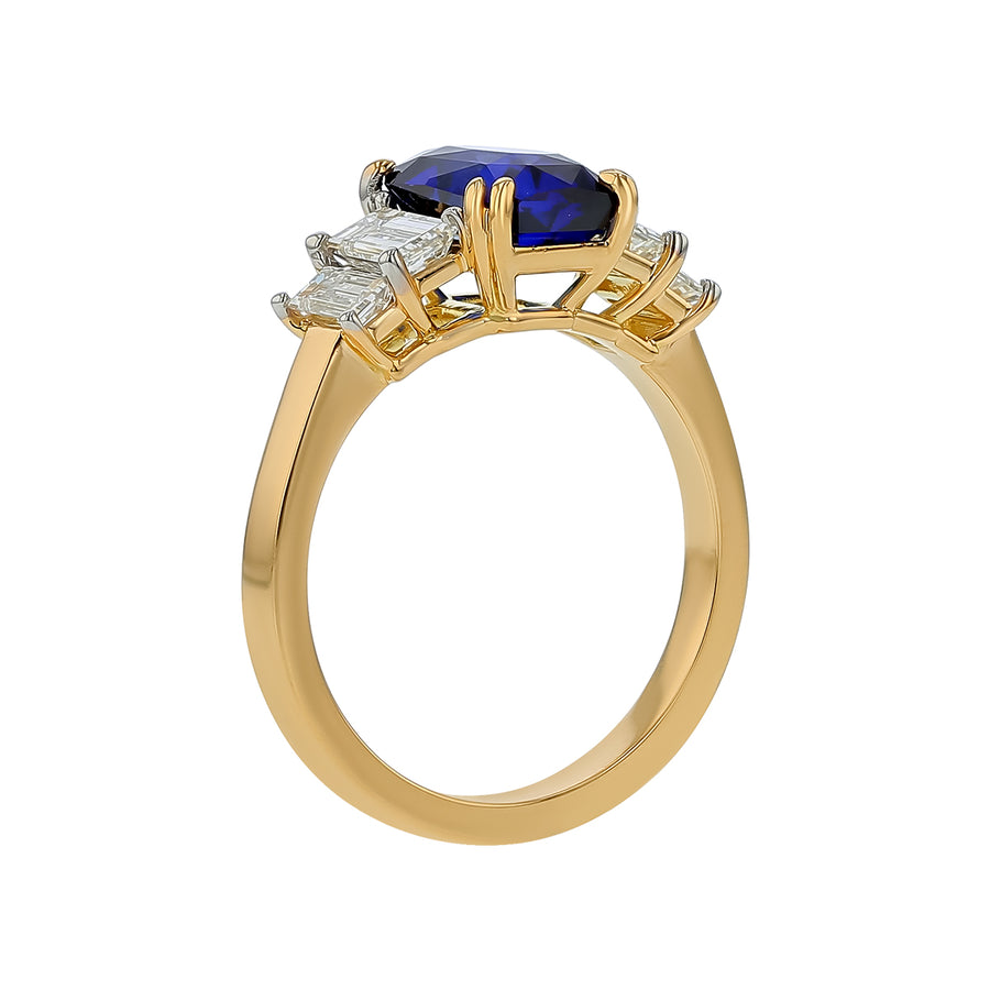 2.59ct Emerald Cut Sri Lankan Sapphire and 0.98ct Diamond 3 Stone Ring in 18K Yellow Gold, size 6.75