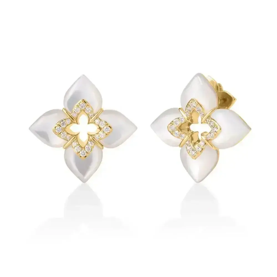 Venetian Princess 6.60ct Mother of Pearl and 0.17ct Diamond Flower Stud Earrings in 18K Yellow Gold