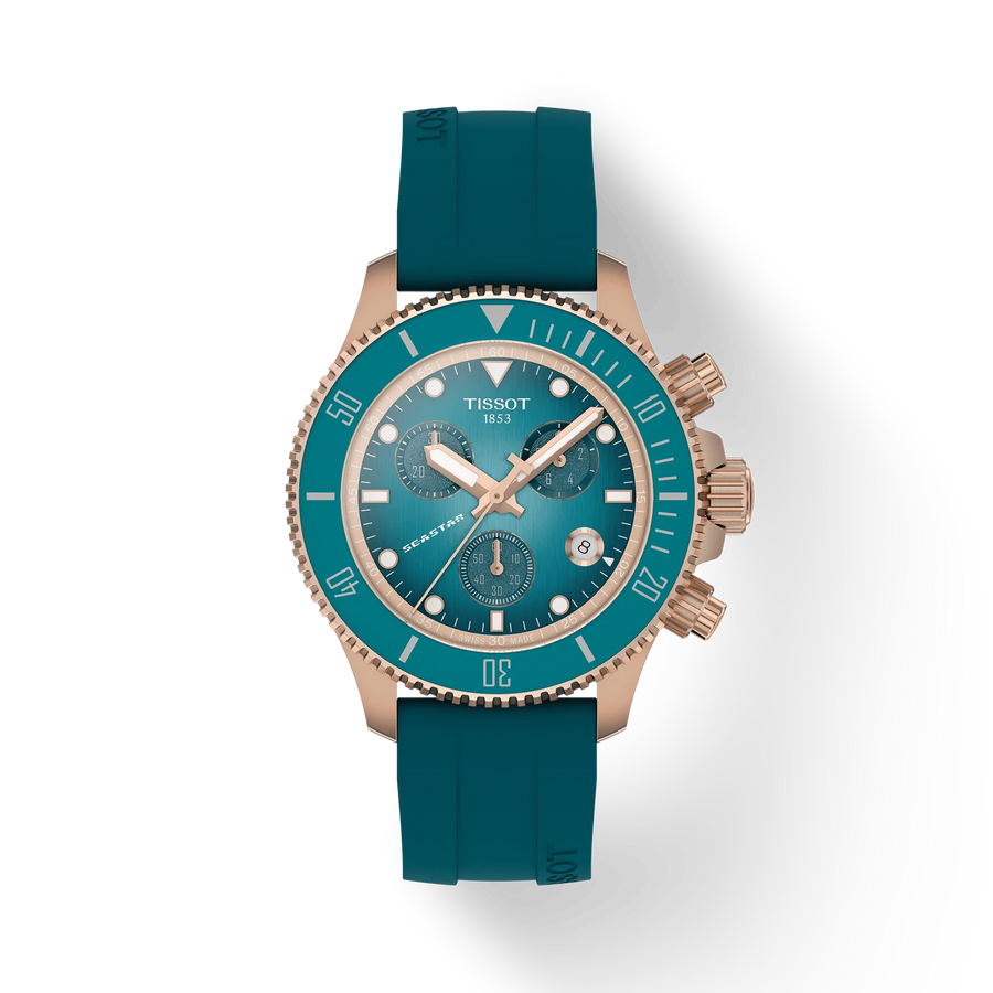 38mm Seastar 1000 Quartz Chronograph Watch with Turquoise Dial in Stainless Steel with Rose Gold PVD, Strap