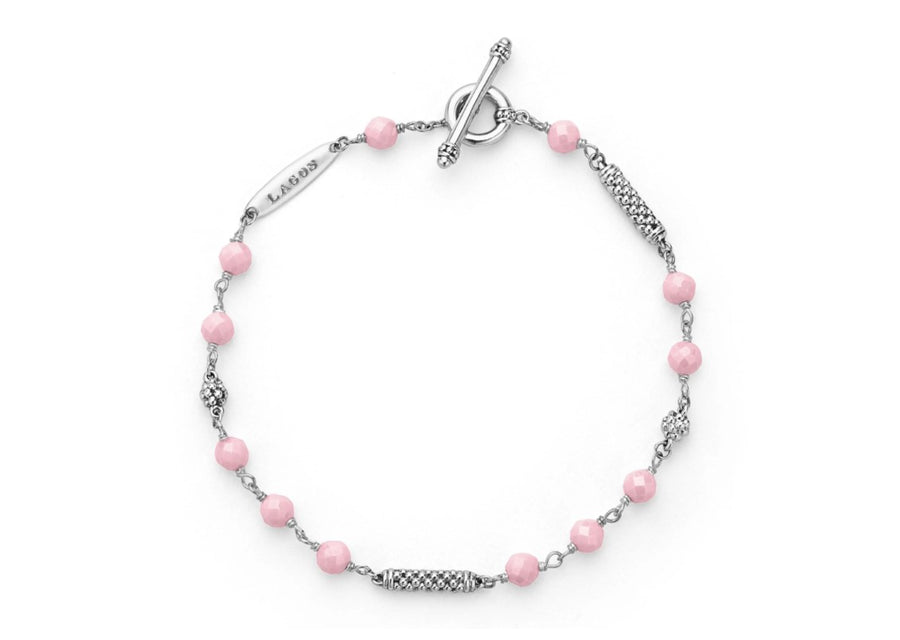 Caviar Icon 4mm Beaded Station Bracelet in Sterling Silver and Pink Ceramic, Size 7