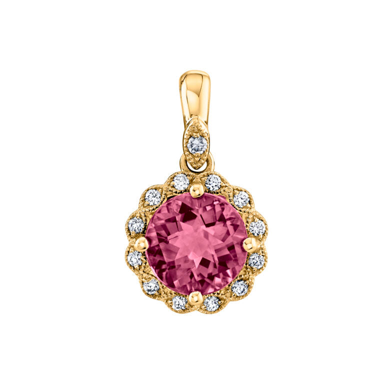 1.40ct Rhodolite Garnet and 0.07ct Diamond Halo Pendant in 14K Yellow Gold, 18" chain