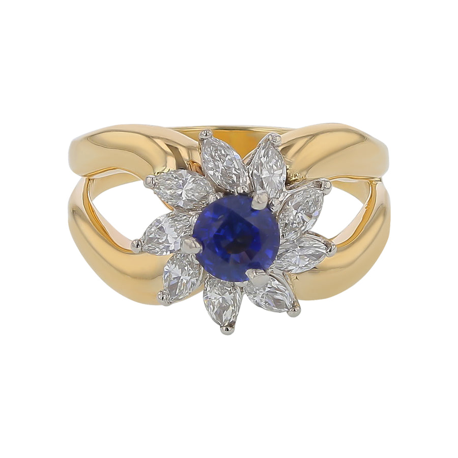 0.69ct Round Ceylon Sapphire and 0.63ct Marquise Diamonds Halo Ring in Platinum and 14k Yellow Gold, Size 6