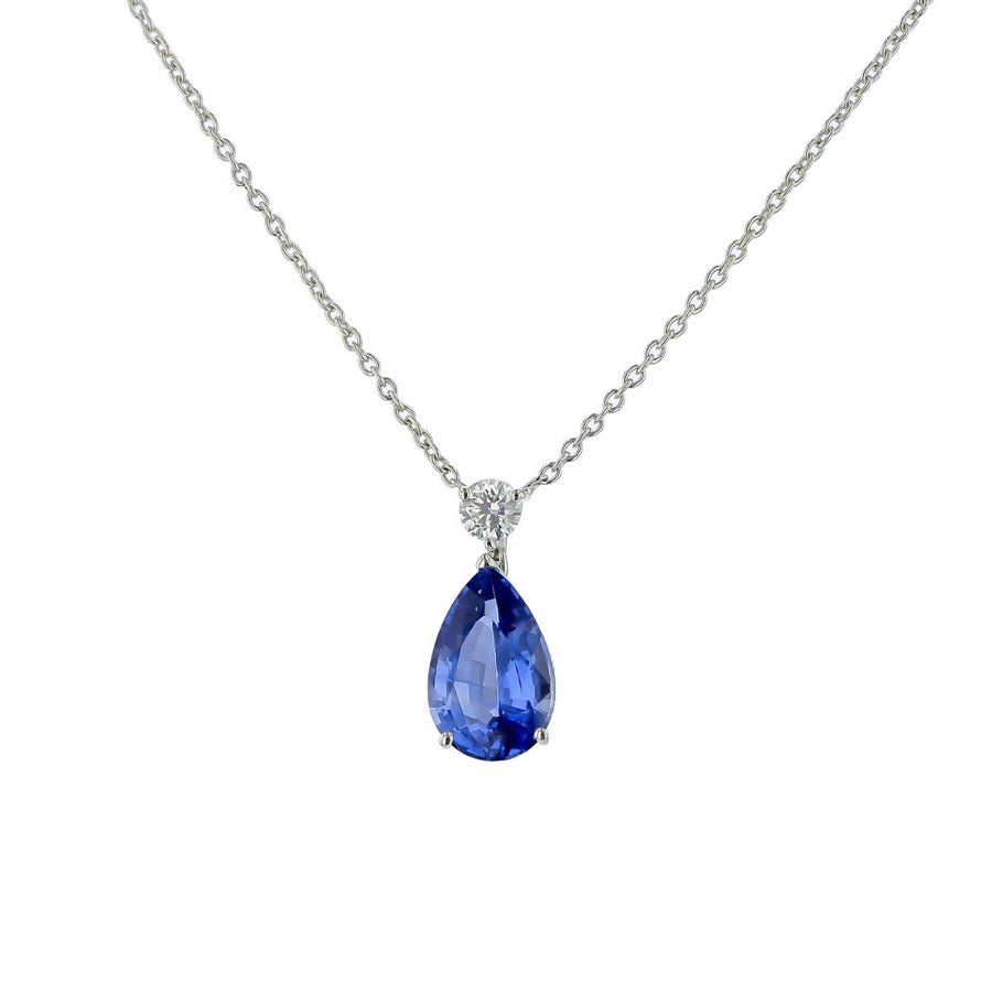 1.25ct Pear Shape Sapphire and 0.08ct Diamond Pendant in 18K White Gold, 18" chain