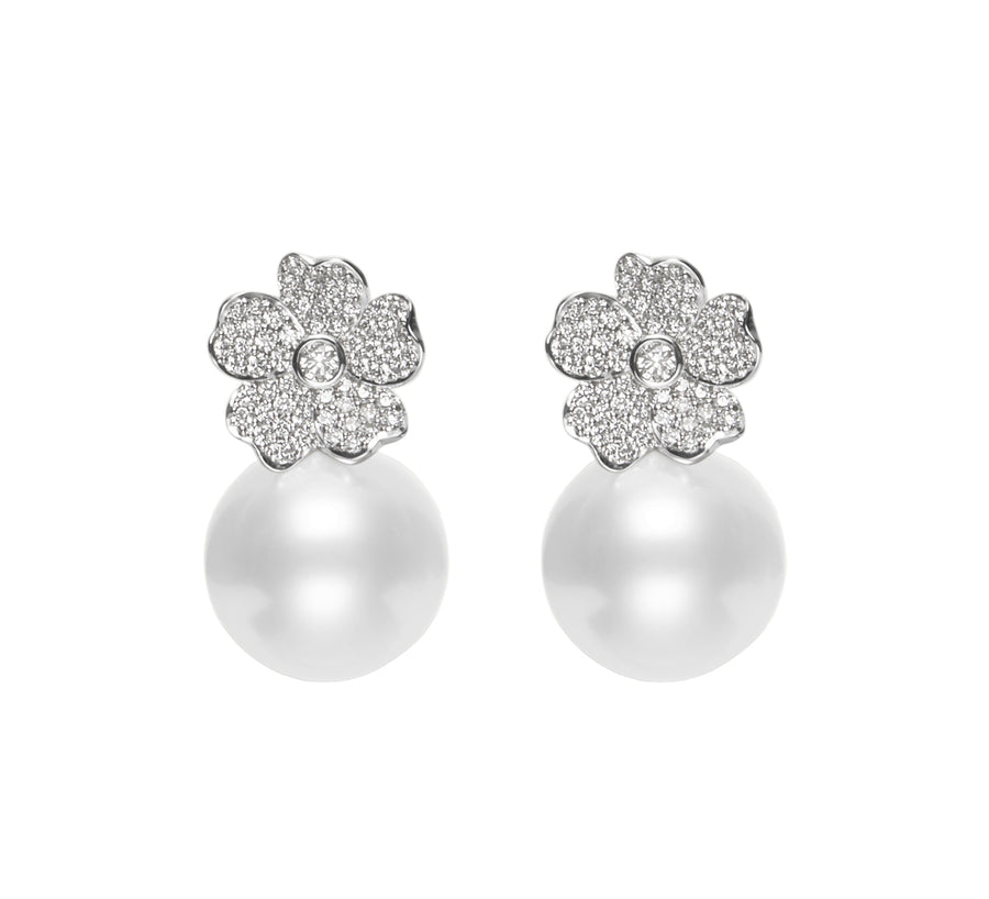 White South Sea A+ 11mm Pearls and 0.45ct Full Cut Diamond Cherry Blossom Drop Earrings in 18K White Gold
