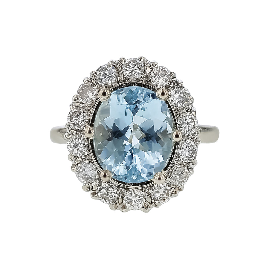 2.40ct Aquamarine and 1.15ct Diamond Halo Ring in 14K White Gold, size 5.75
