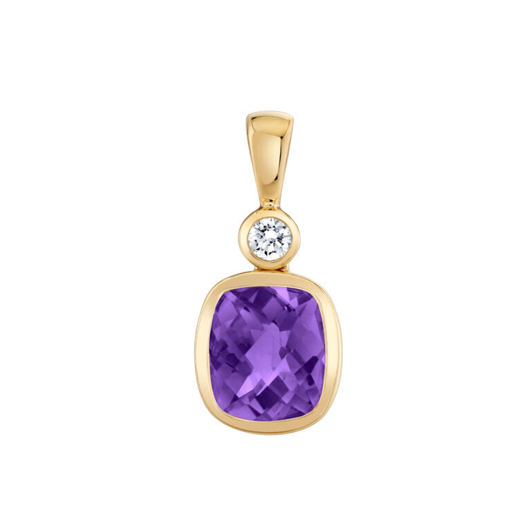 1.65ct Cushion Amethyst and 0.09ct Diamond Bezel Pendant in 14K Yellow Gold, 18" chain