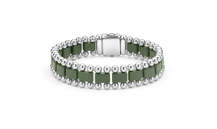 Anthem Caviar Link Bracelet in Sterling Silver and Matte Forest Green Ceramic, Size 8