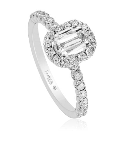 0.31ct Crisscut L'Amour Cushion Cut Diamond and 0.35ct Diamond Halo Ring in 14K White Gold, size 6.5