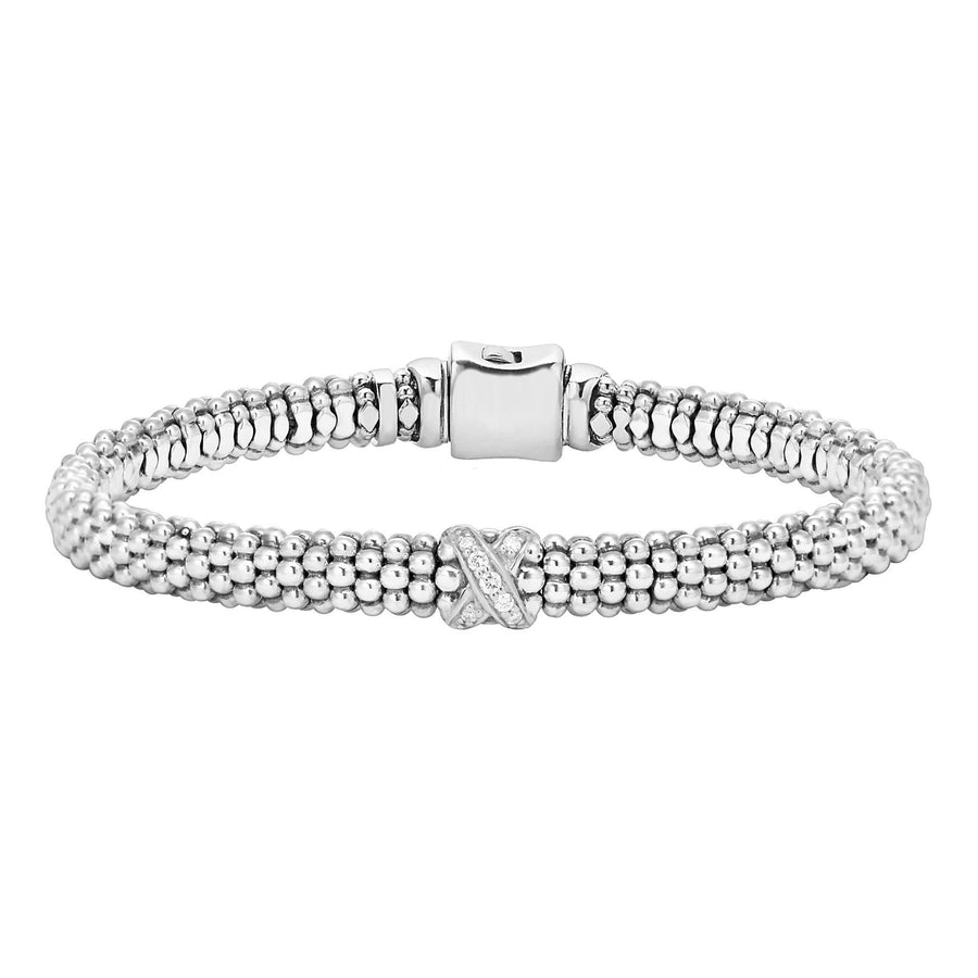 A sterling silver beaded bracelet with a single X station featuring 0.07ct diamonds, displayed against a white background.