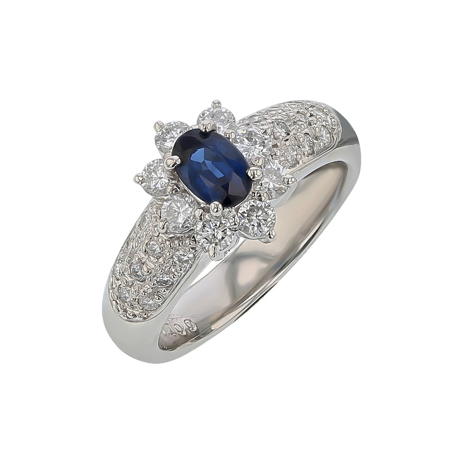 0.70 Sapphire and 0.72ct Diamond Halo Ring in Platinum, Size 6