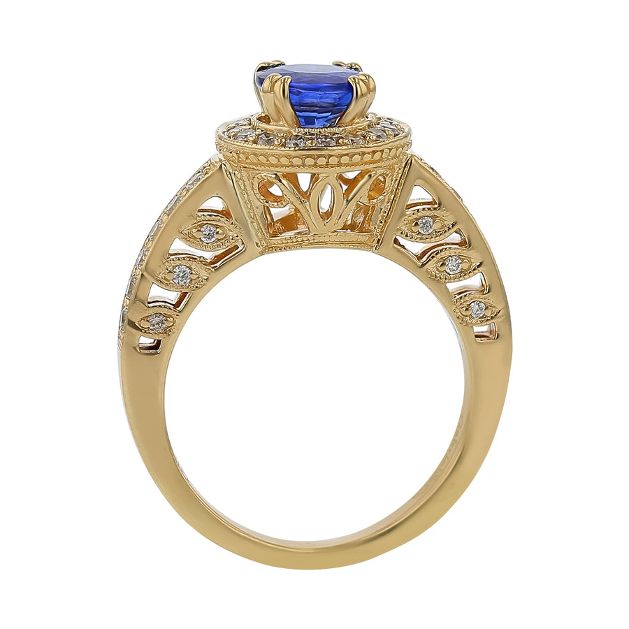1.18ct Sri Lanka Sapphire and 0.40ct Diamond Halo Ring in 14K Yellow Gold, size 6.5