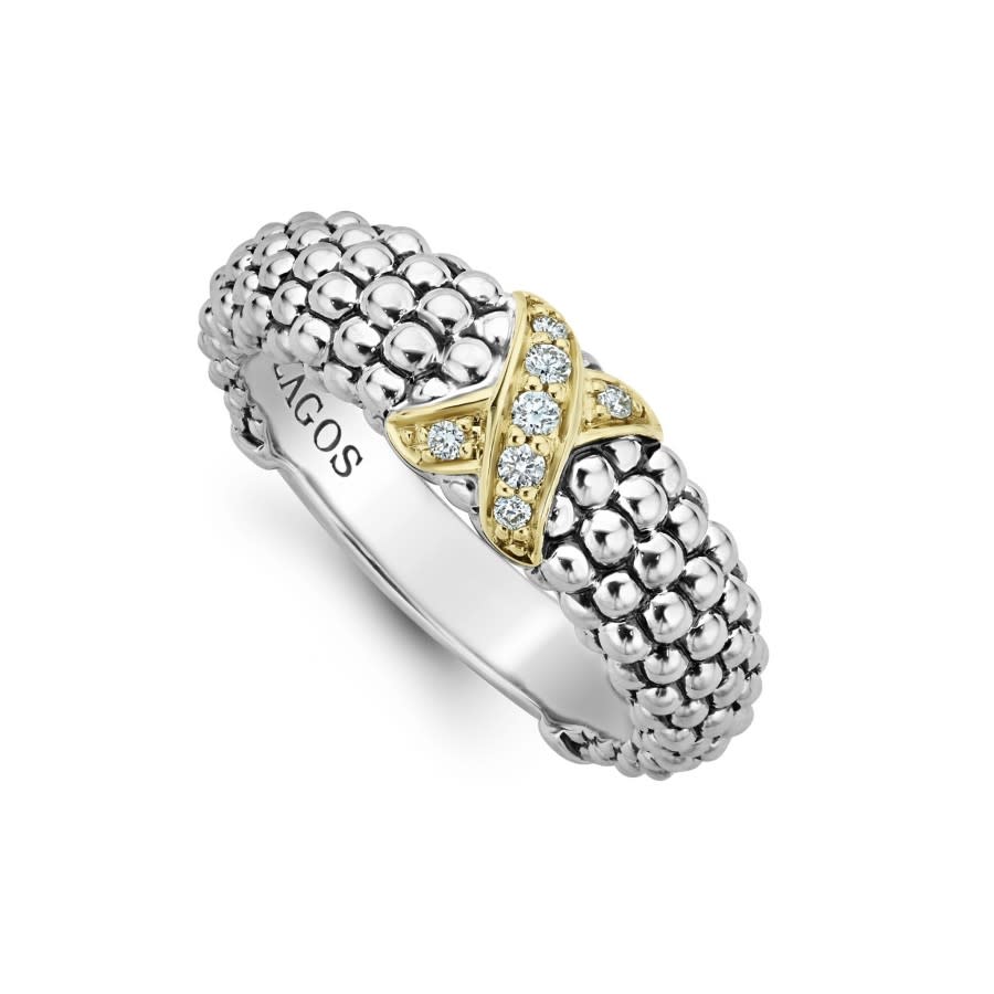 Caviar Lux 0.08ct Diamond 6mm X Ring in 18K Yellow Gold and Sterling Silver, size 7
