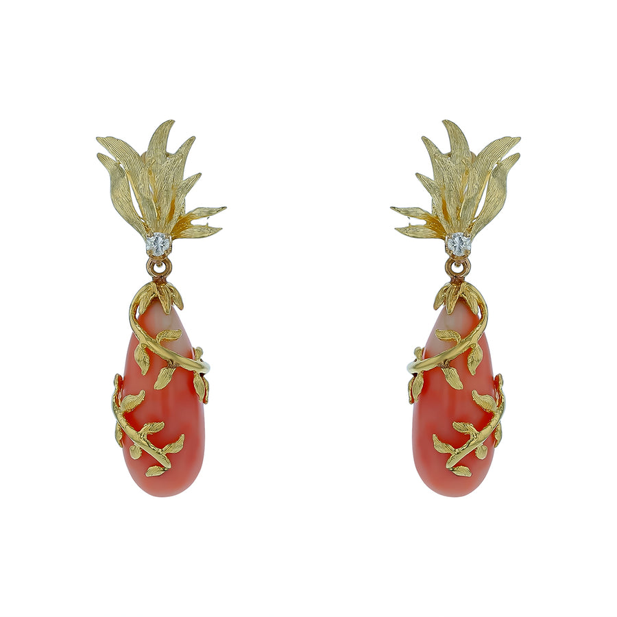 Pink Coral and 0.10ct Diamond Drop Earrings in 14K Yellow Gold