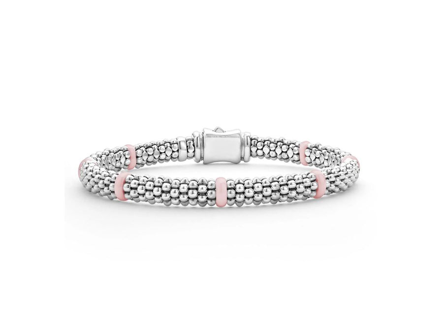 Pink Caviar 6mm 7 Station Beaded Rope Bracelet in Sterling Silver and Ceramic, size 6.5