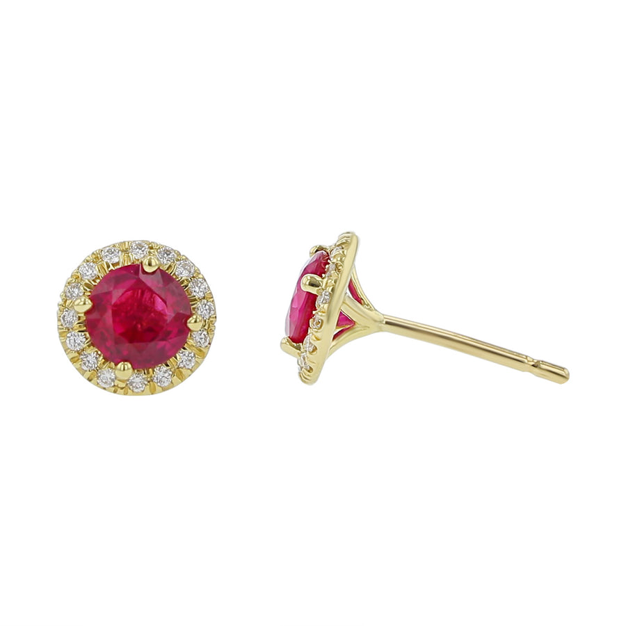 1.14ct Ruby and 0.15ct Diamond Halo Stud Earrings in 18K Yellow Gold