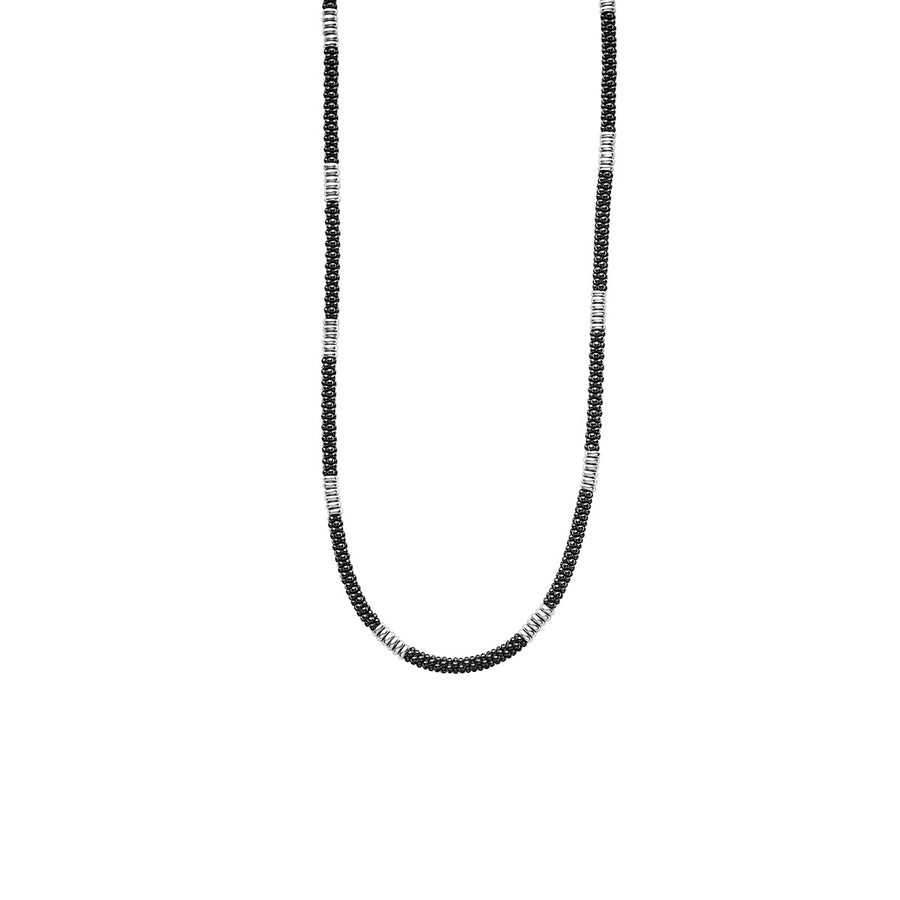 Black Caviar Station Beaded Necklace in Sterling Silver and Ceramic 18"
