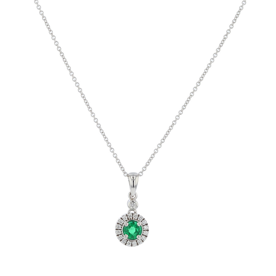 0.51ct Round Zambian Emerald and 0.17ct Full Cut Diamonds Halo Pendant Necklace in 14k White Gold,18" Chain