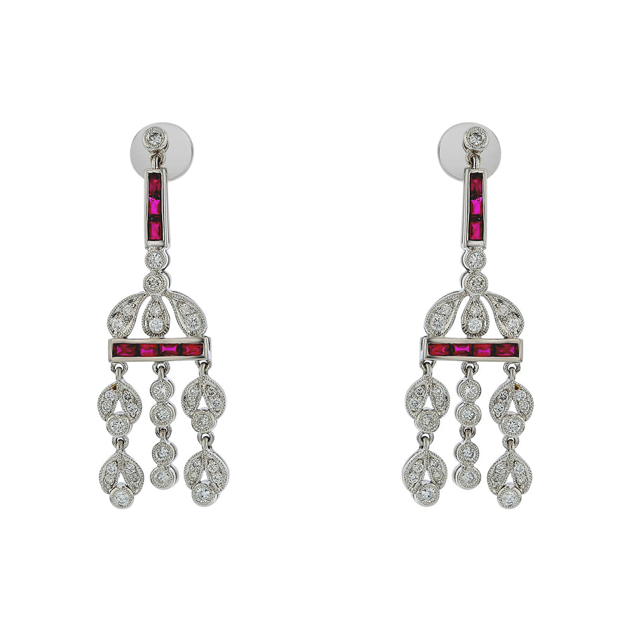 1.14ct Diamond and 0.84ct Ruby Chandelier Drop Earrings in Platinum