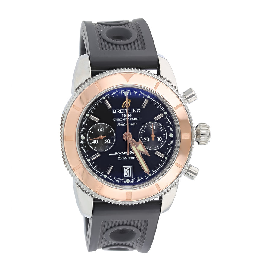44mm Breitling Superocean Heritage Chronographe Watch with Black Dial in Stainless Steel and Gold, Rubber Strap