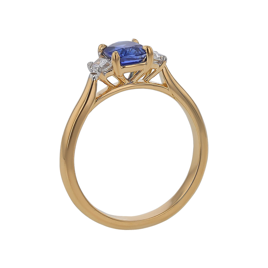 0.94ct Cushion Ceylon Sapphire (H) 0.28ct Half Moon Diamonds 3 Stone Ring in Yellow Gold Size 6