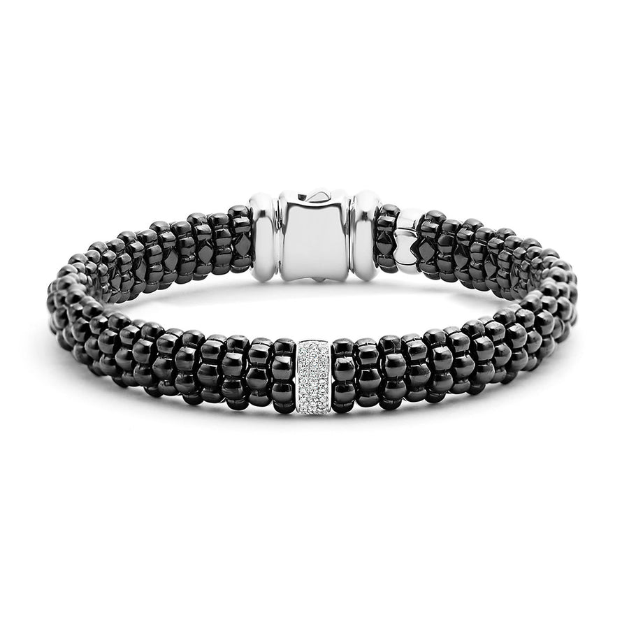 Black Caviar 0.13ct Diamond Beaded Station Rope Bracelet in Sterling Silver and Ceramic, Size 7