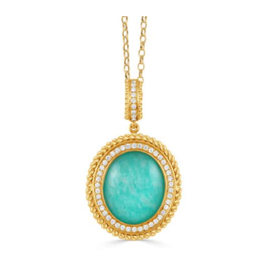 Justinian 0.19ct Diamond and 6.45ct Quartz and Amazonite Doublet Halo Pendant only in 18k Yellow Gold