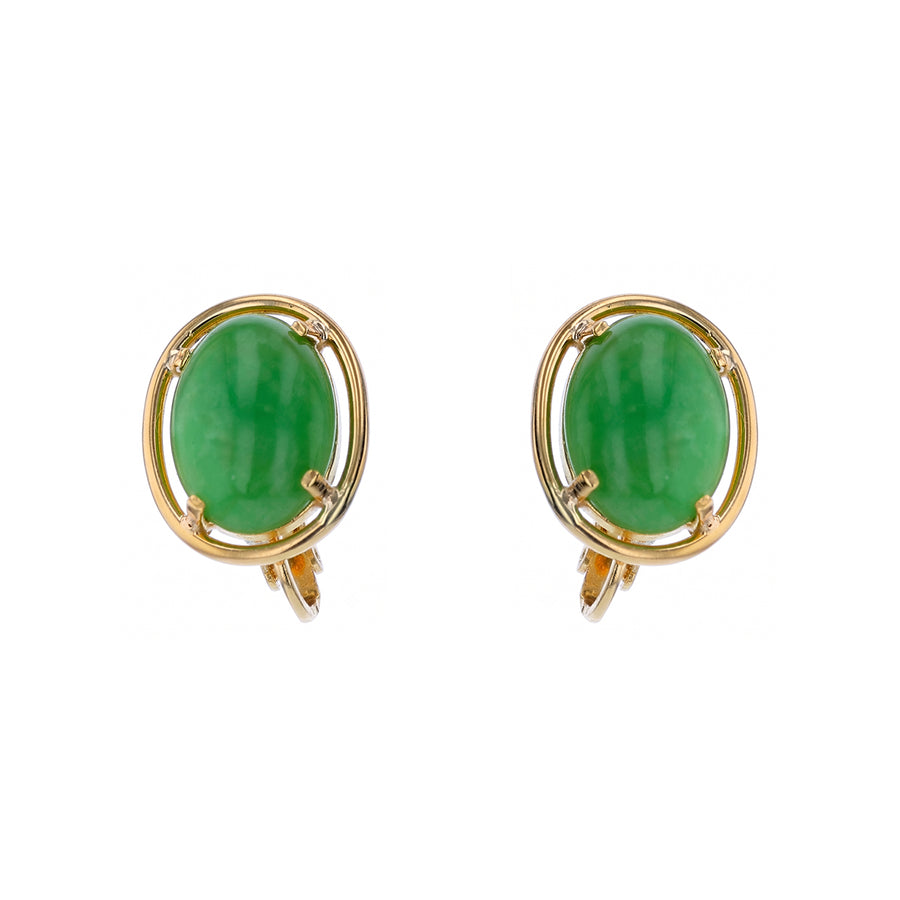 Cabochon Green Mottled Earrings in 14K Yellow Gold with Non Peirced Clip Backs
