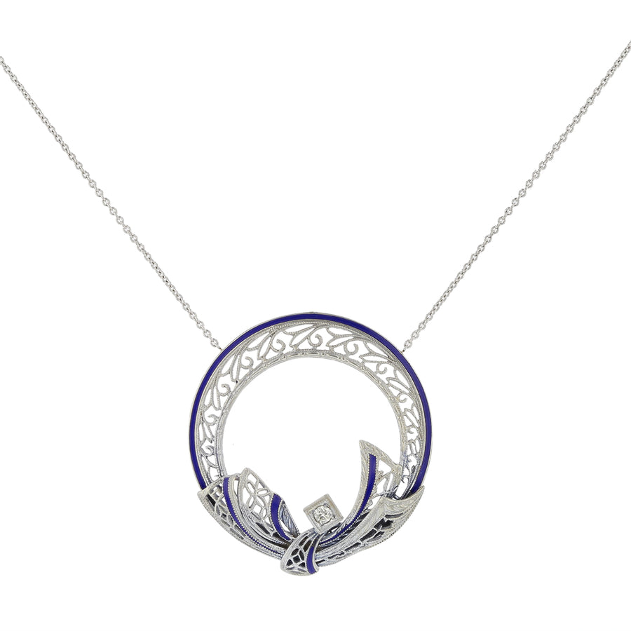 0.06ct Round Diamond Art Deco Pendant in 10K and 14K White Gold with Chain, Circa 1930s