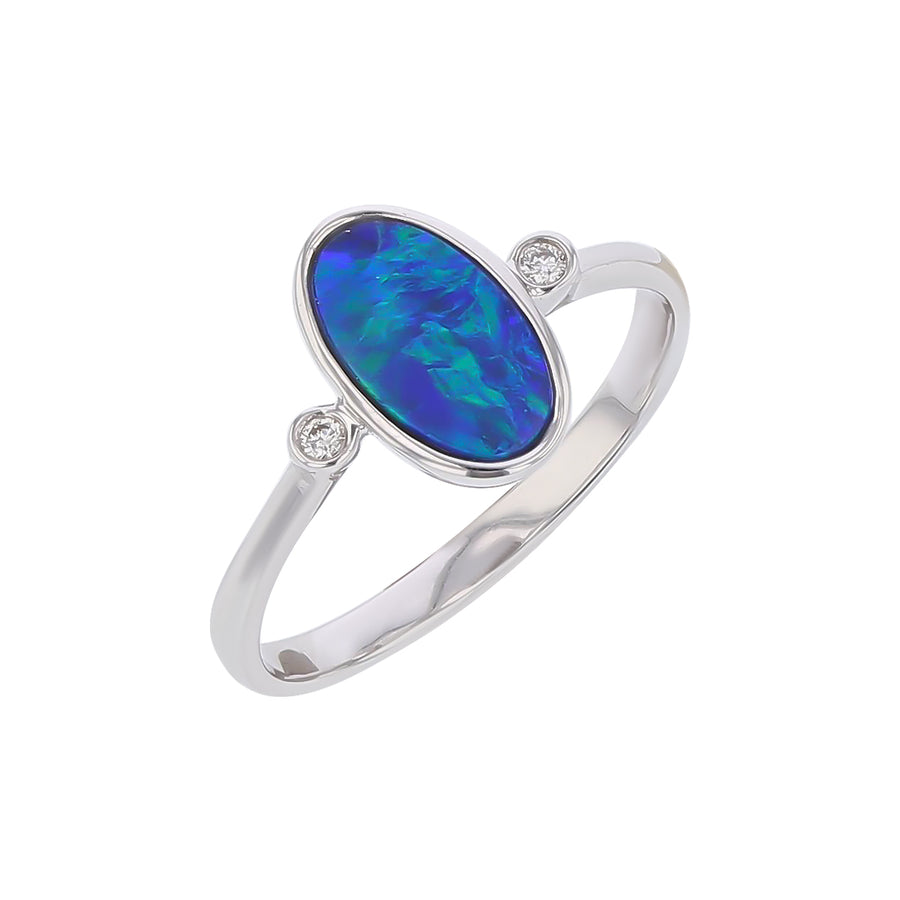 Oval Opal Doublet and Diamond Ring in 14K White Gold, Size 6.75